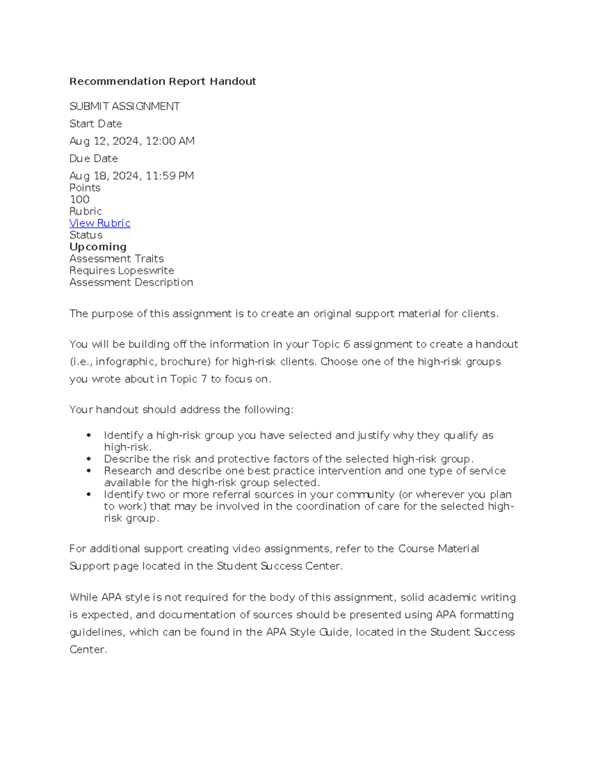 BHS 350 Recommendation Report for High-Risk Client Support - Studocu