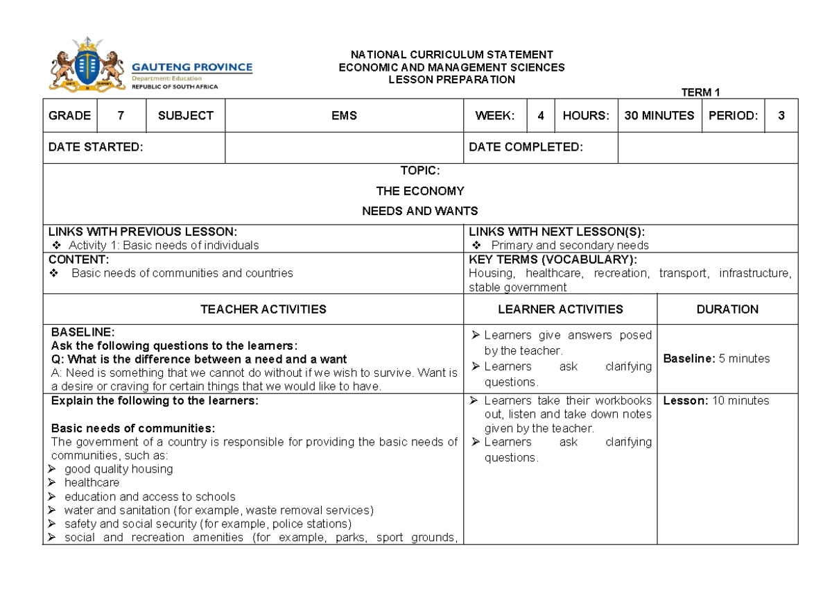 NATIONAL CURRICULUM EMS LESSON PREPARATION GRADE 7: NEEDS & WANTS - Studocu