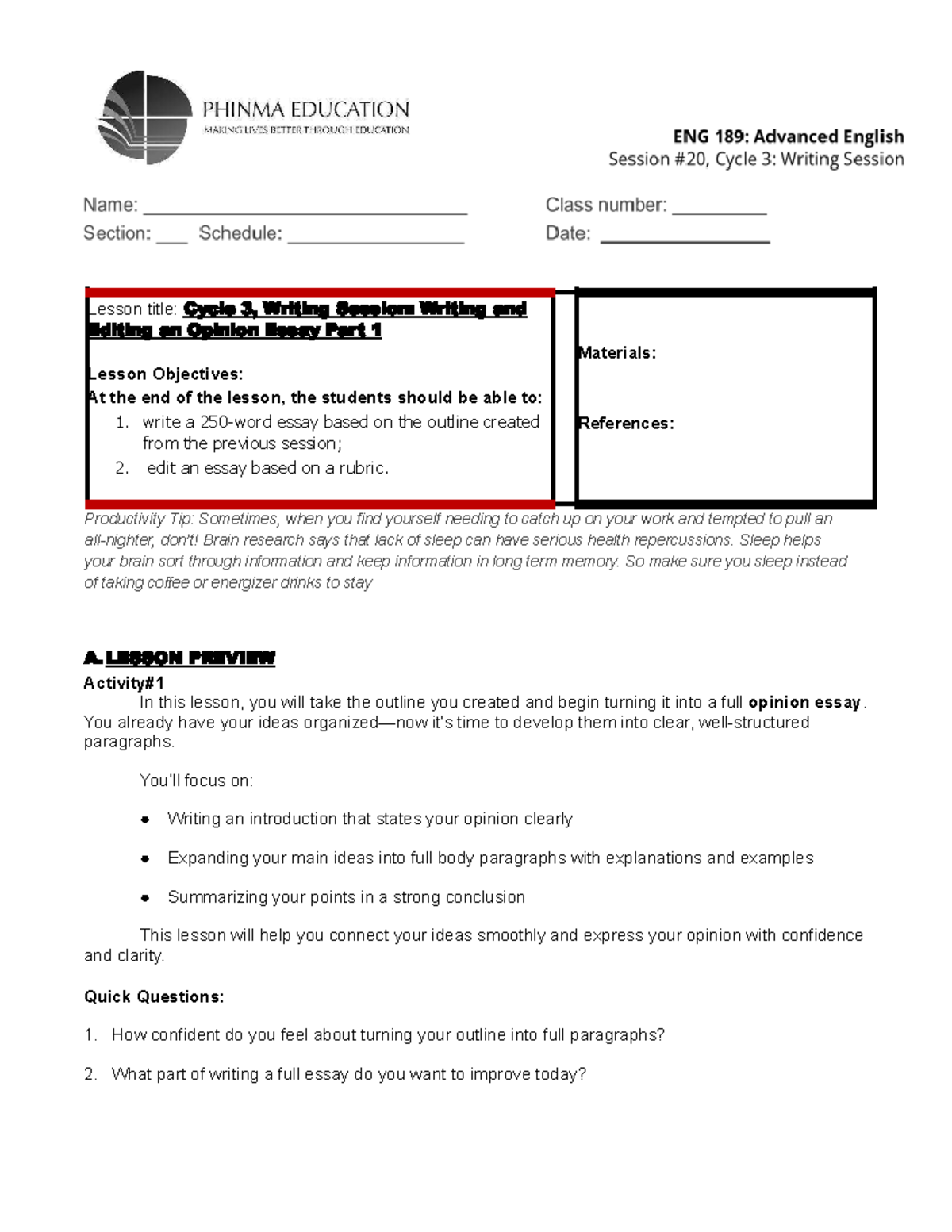 ENG 189 SAS20: Writing & Editing an Opinion Essay - Part 1 - Studocu