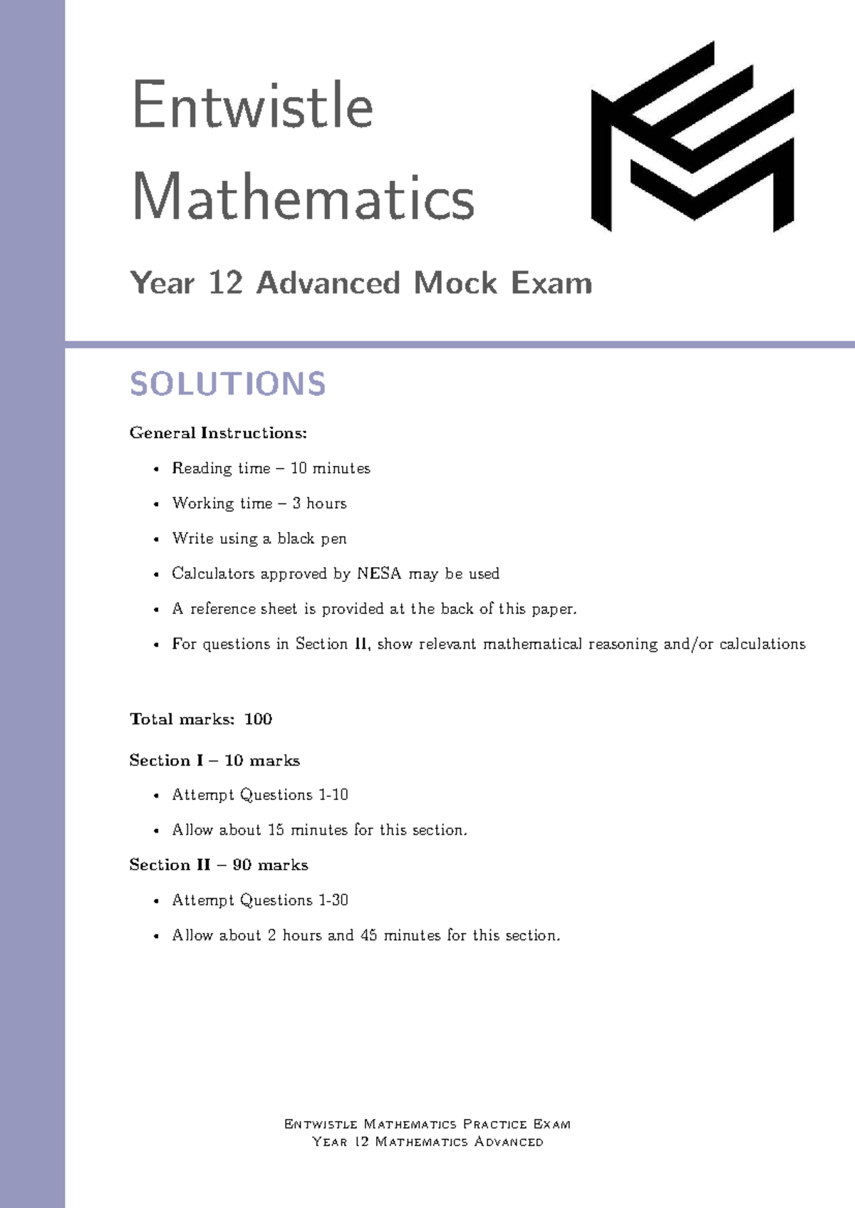 EM 12ADV Mathematics Year 12 Advanced Mock Exam Solutions - Studocu