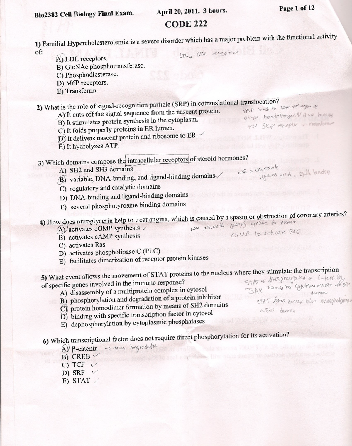 Cell Bio Final - 2011- WITH Answer KEY - - Studocu