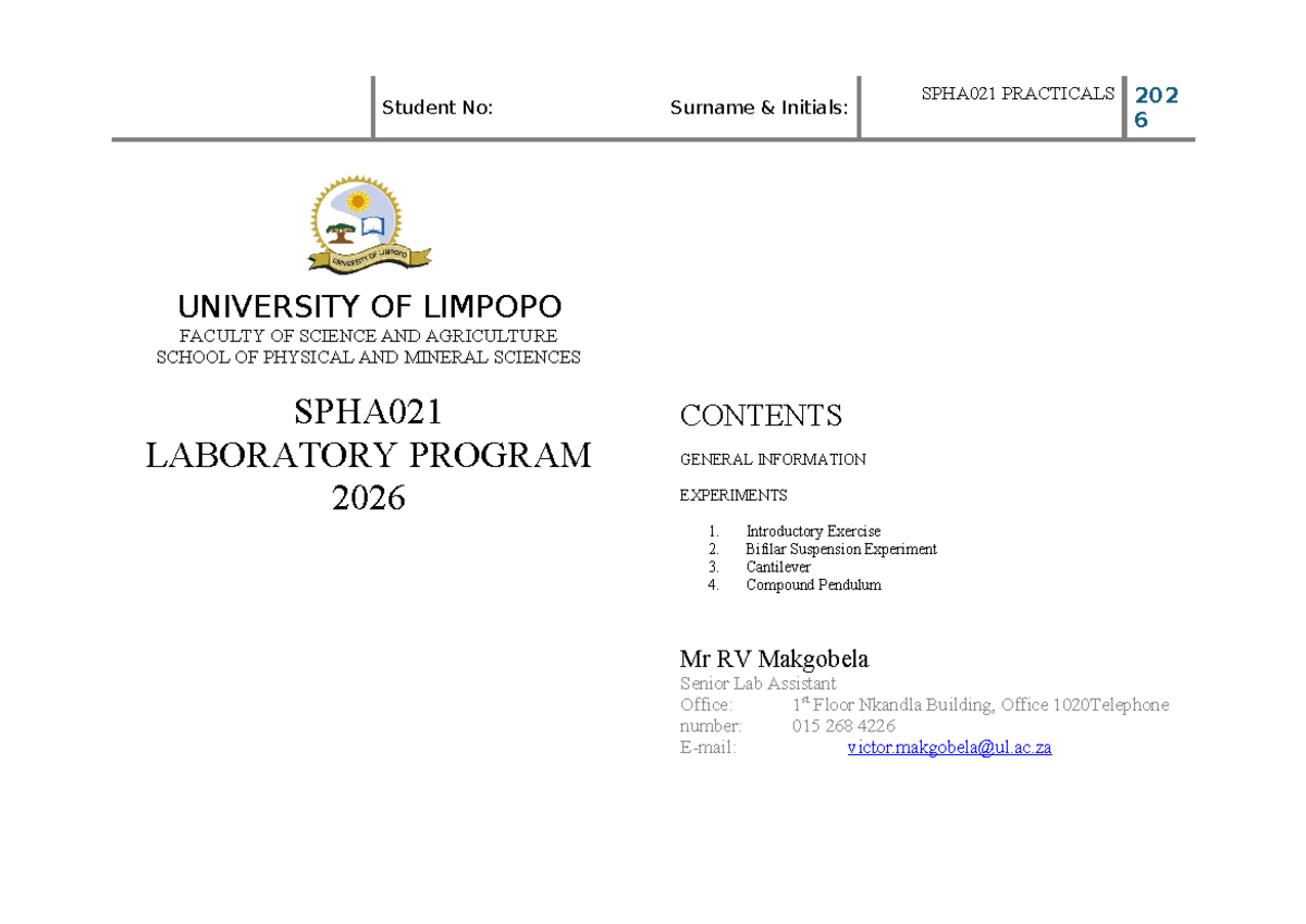 SPHA021 LAB Manual - 2026: Practical Experiments Guide - Studocu