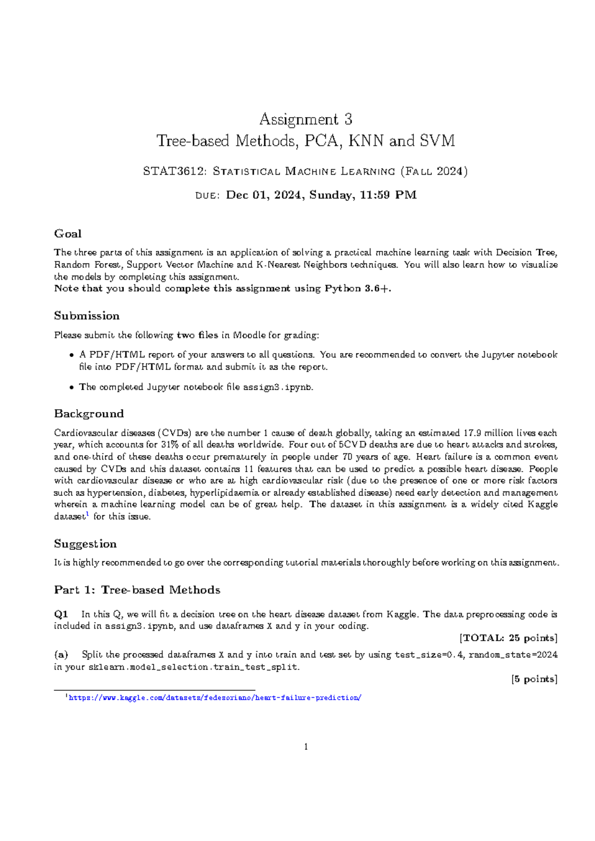 STAT3612 Assignment 3: PCA, KNN, SVM & Decision Trees in ML - Studocu