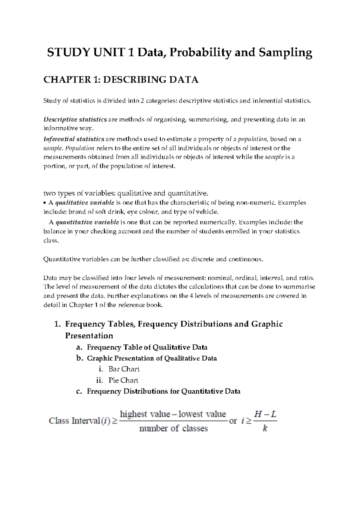 Study UNIT 1 formulas - BUS105 NOTES - STUDY UNIT 1 Data, Probability ...