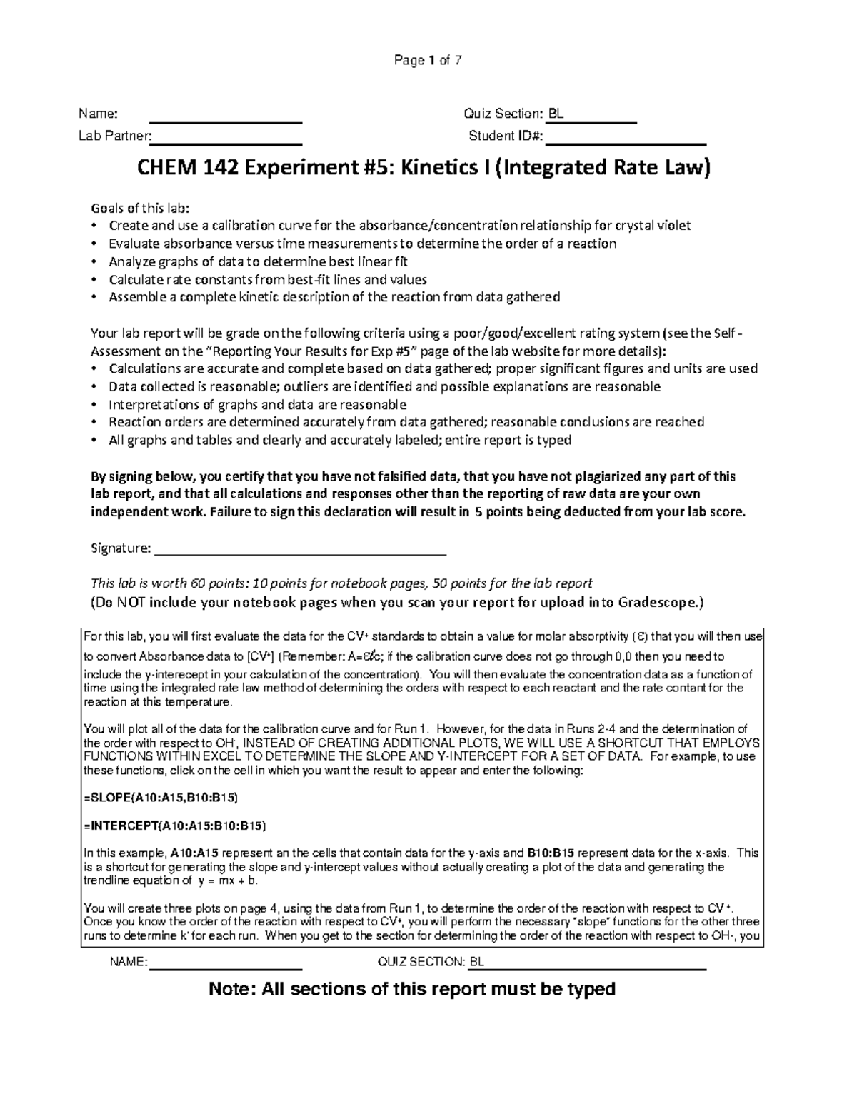 Chem142 Kinetics 1 Report - Name: Quiz Section:BL Lab Partner: Student ...