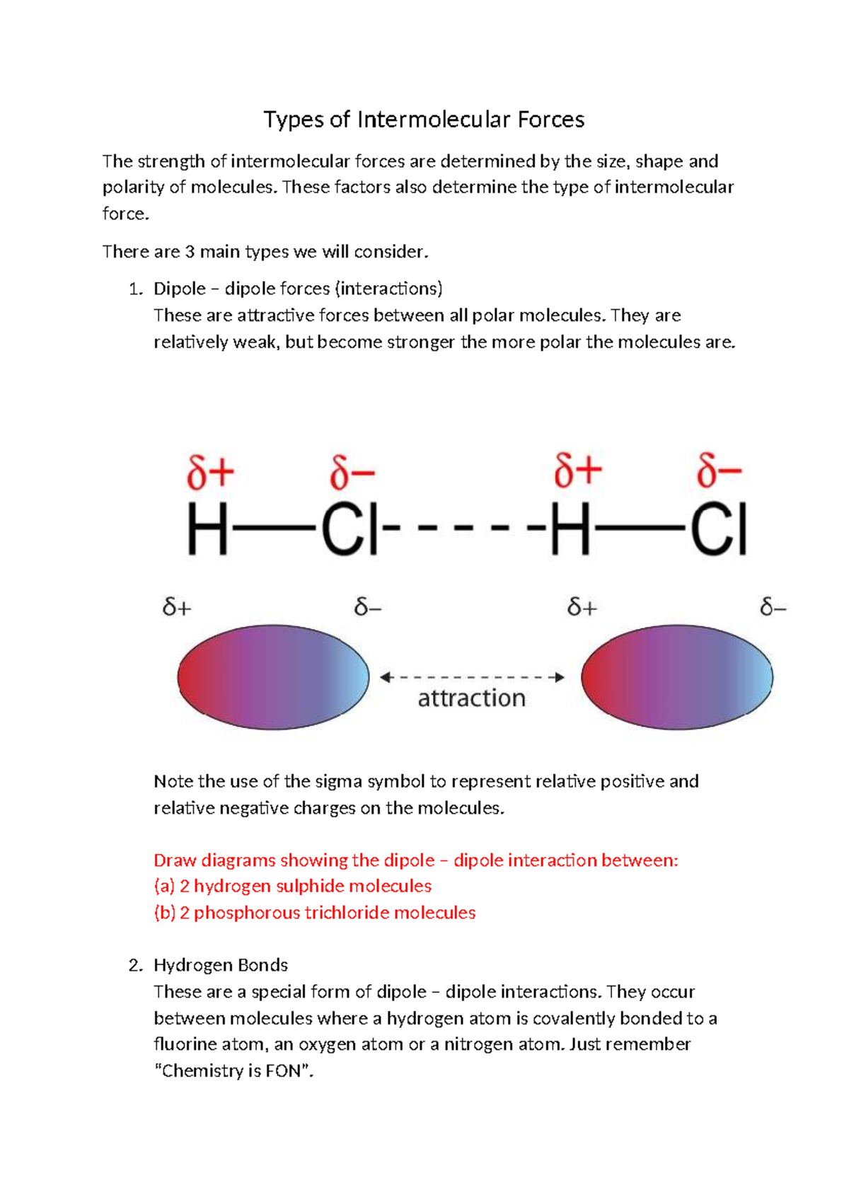 Types of Intermolecular Forces: Dipole-Dipole & Hydrogen Bonds - Studocu