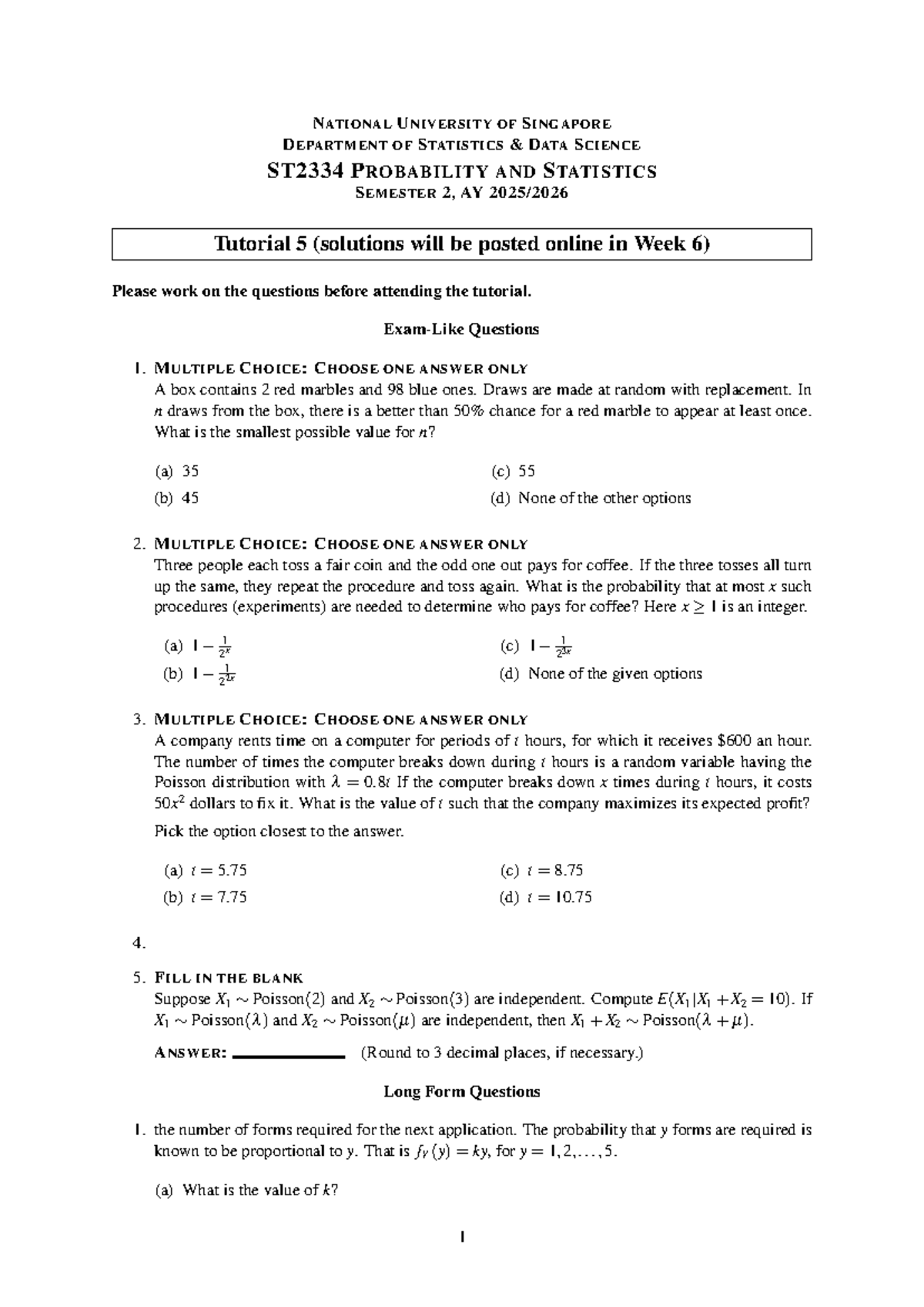 ST2334 Tutorial 05 Solutions: Probability & Statistics Concepts - Studocu