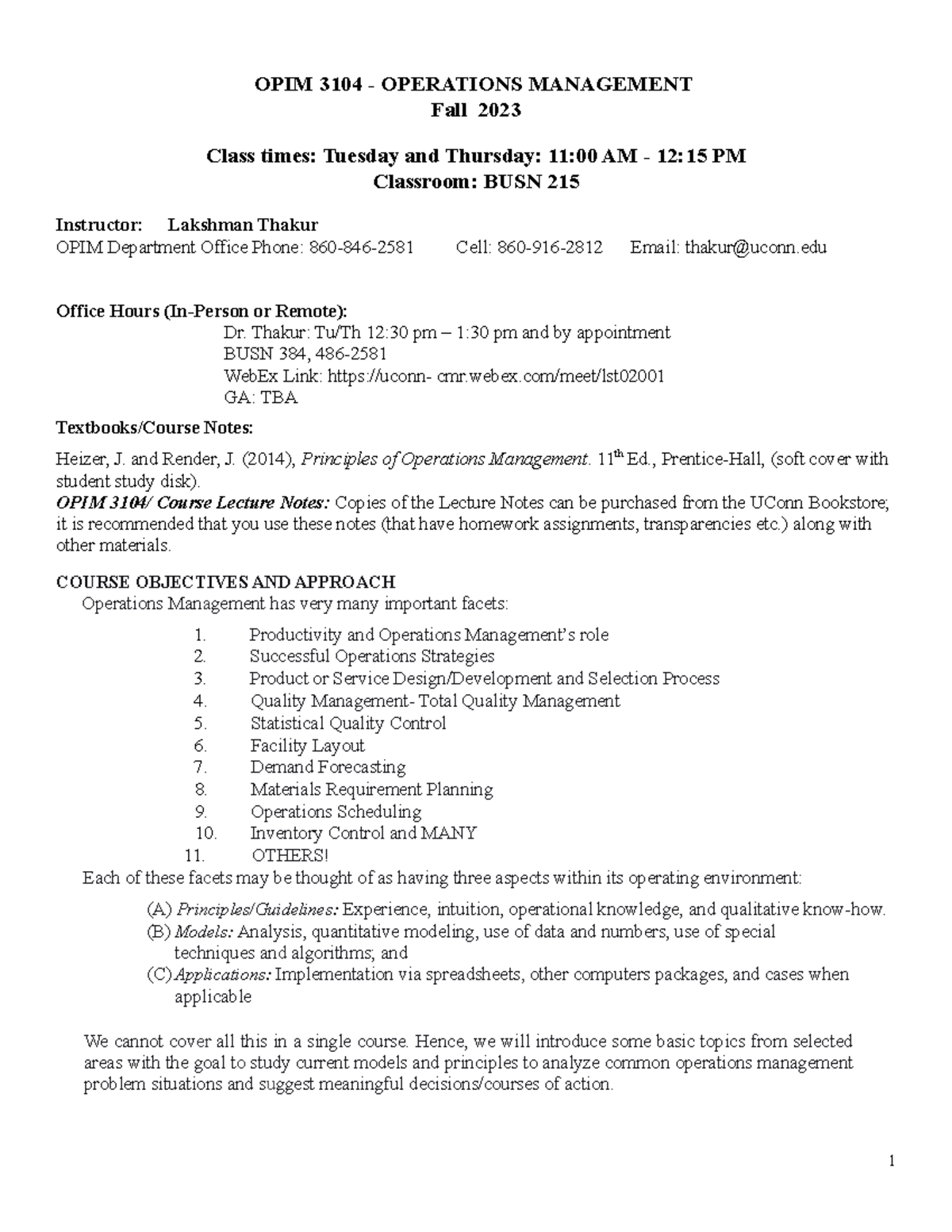 OPIM 3104 Syllabus: Operations Management - Fall 2023 - Studocu