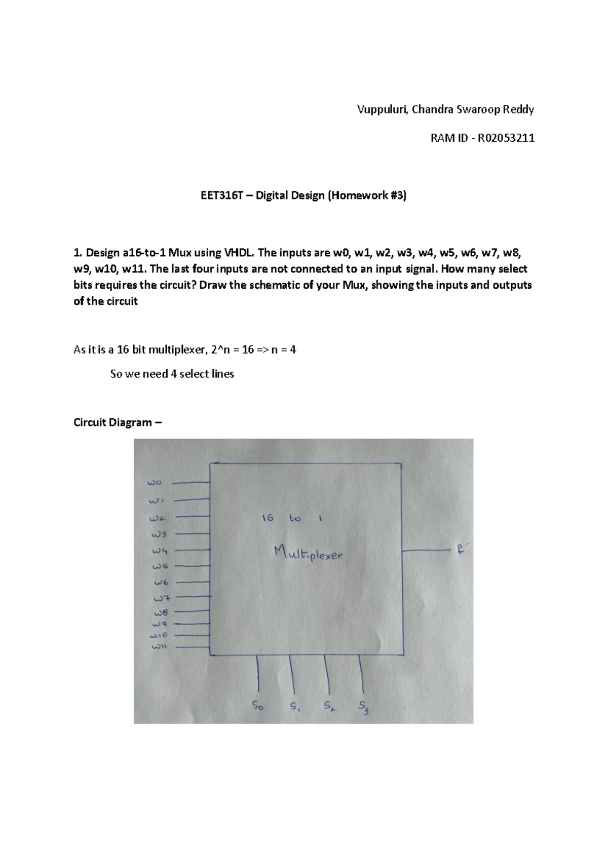 EET316T - Homework #3: VHDL Design for 16-to-1 Mux Circuit - Studocu