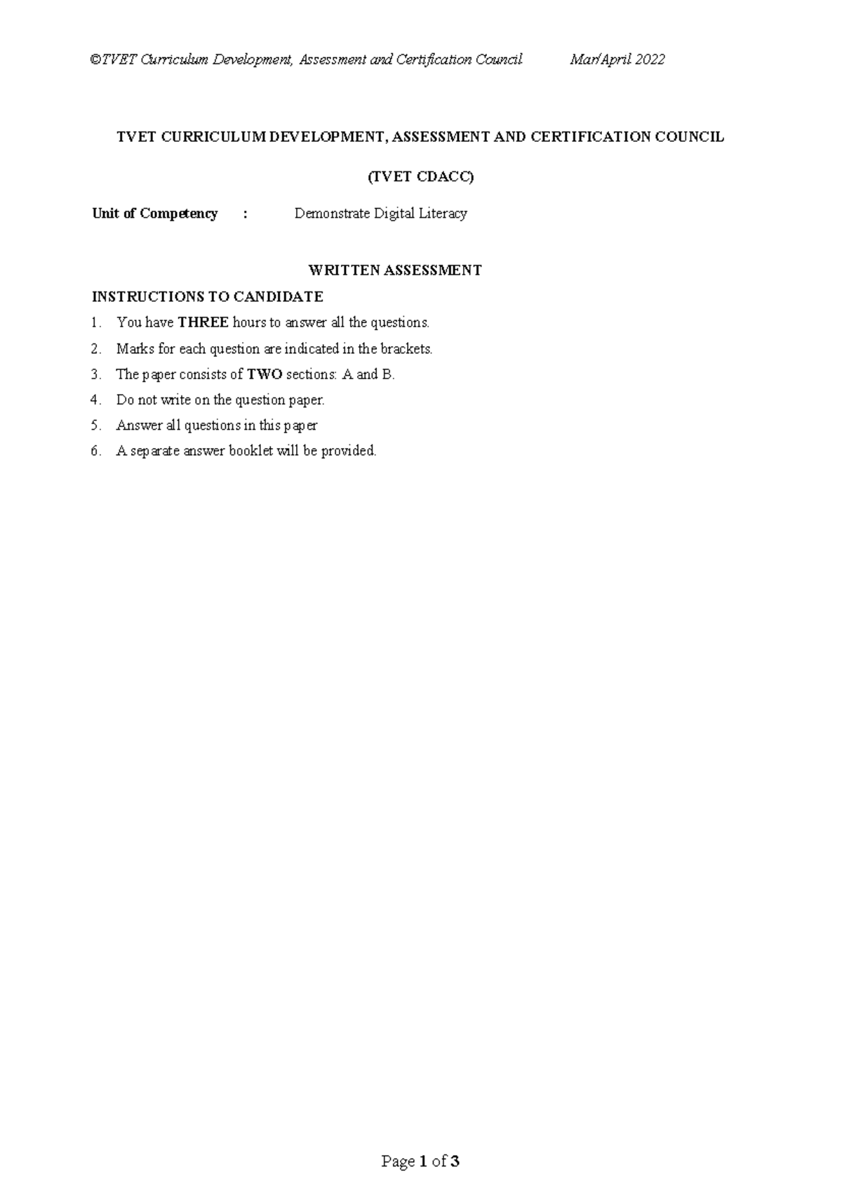 TVET 2022 Digital Literacy Level 6 Written Assessment Guide - Studocu