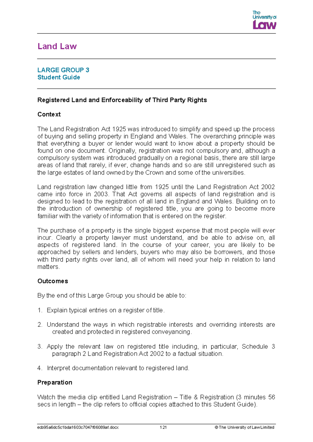 Land Law LG03 CE01 Student Guide: Registered Land & Third Party Rights ...