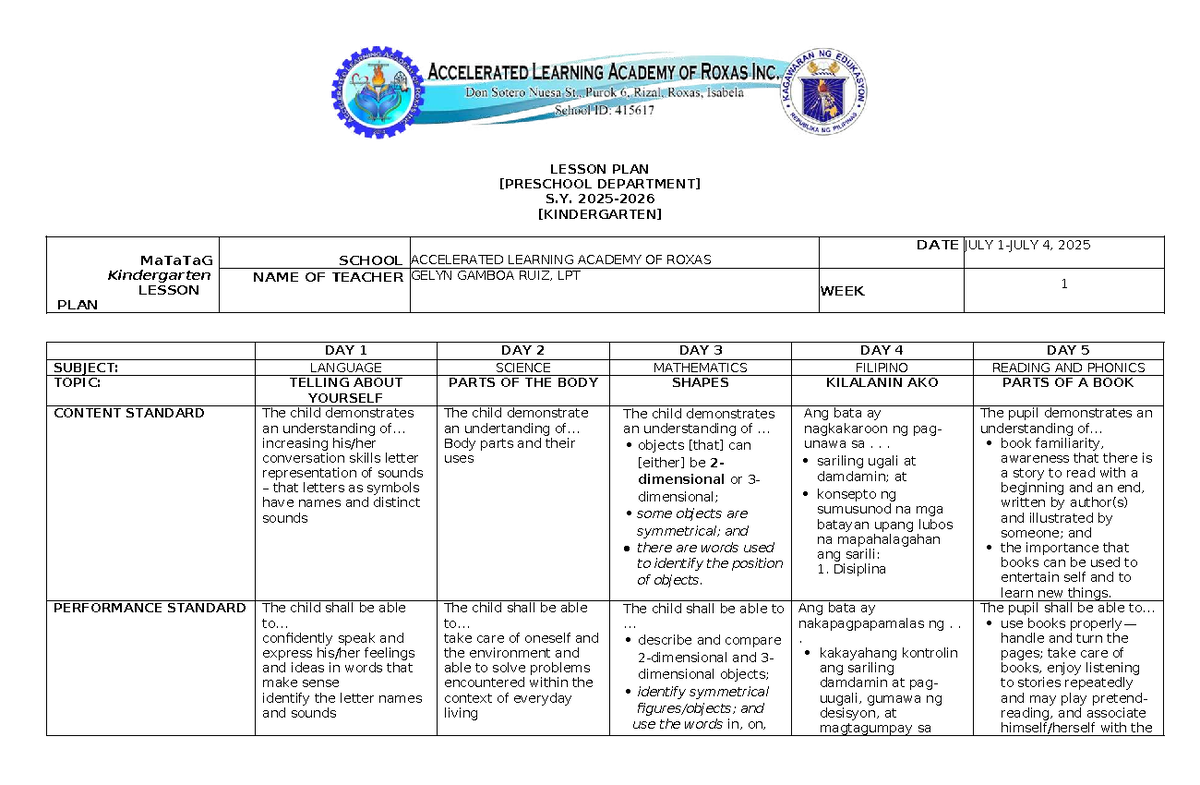 LESSON PLAN S.Y. 2025 MaTaTaG Kindergarten: Week 1 Activities - Studocu