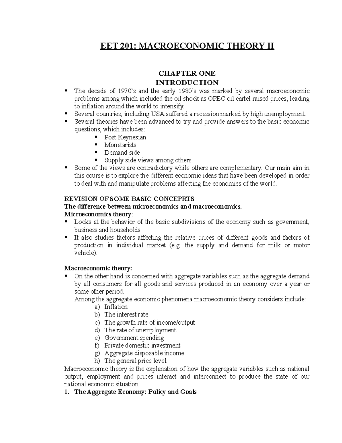 EET 201: Macroeconomic Theory II - Detailed Chapter Notes - Studocu
