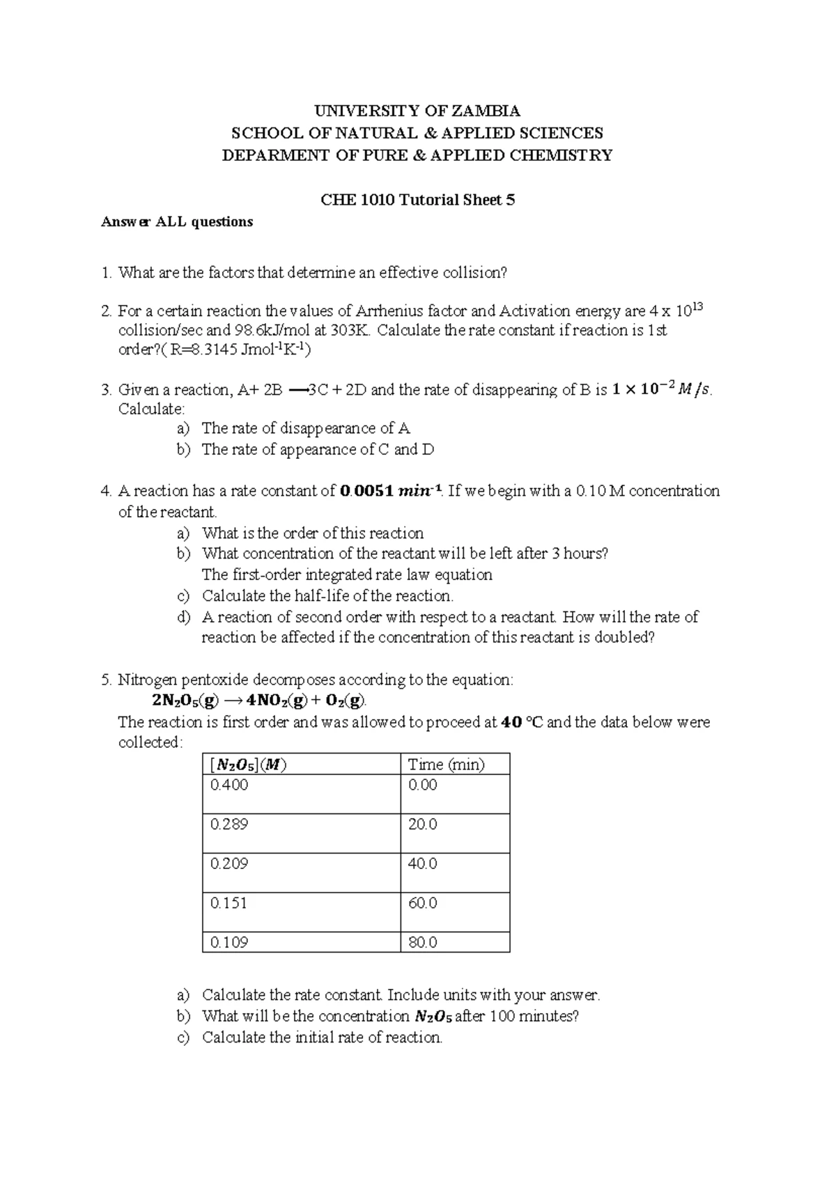 CHE 1010 Tutorial Sheet 5: Chemical Kinetics Analysis - Studocu