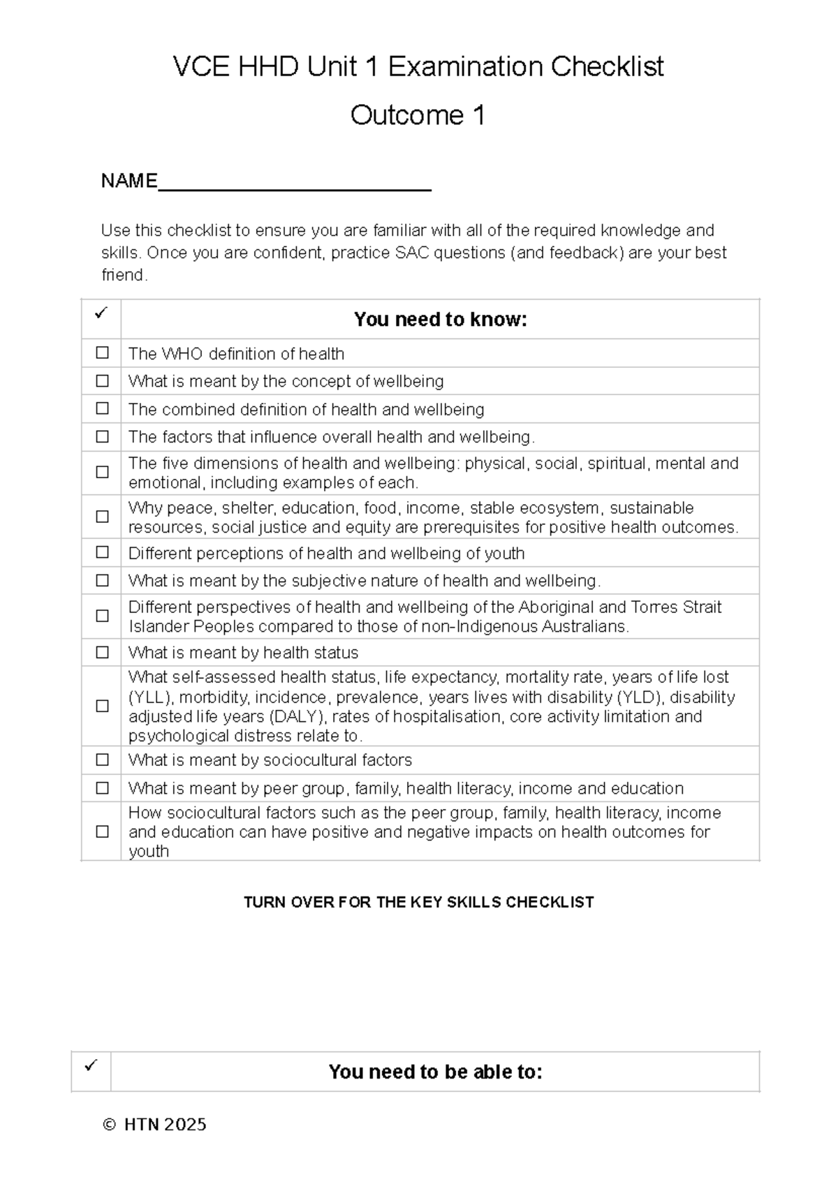 VCE HHD Unit 1 Exam Checklist 2025: Key Knowledge & Skills - Studocu