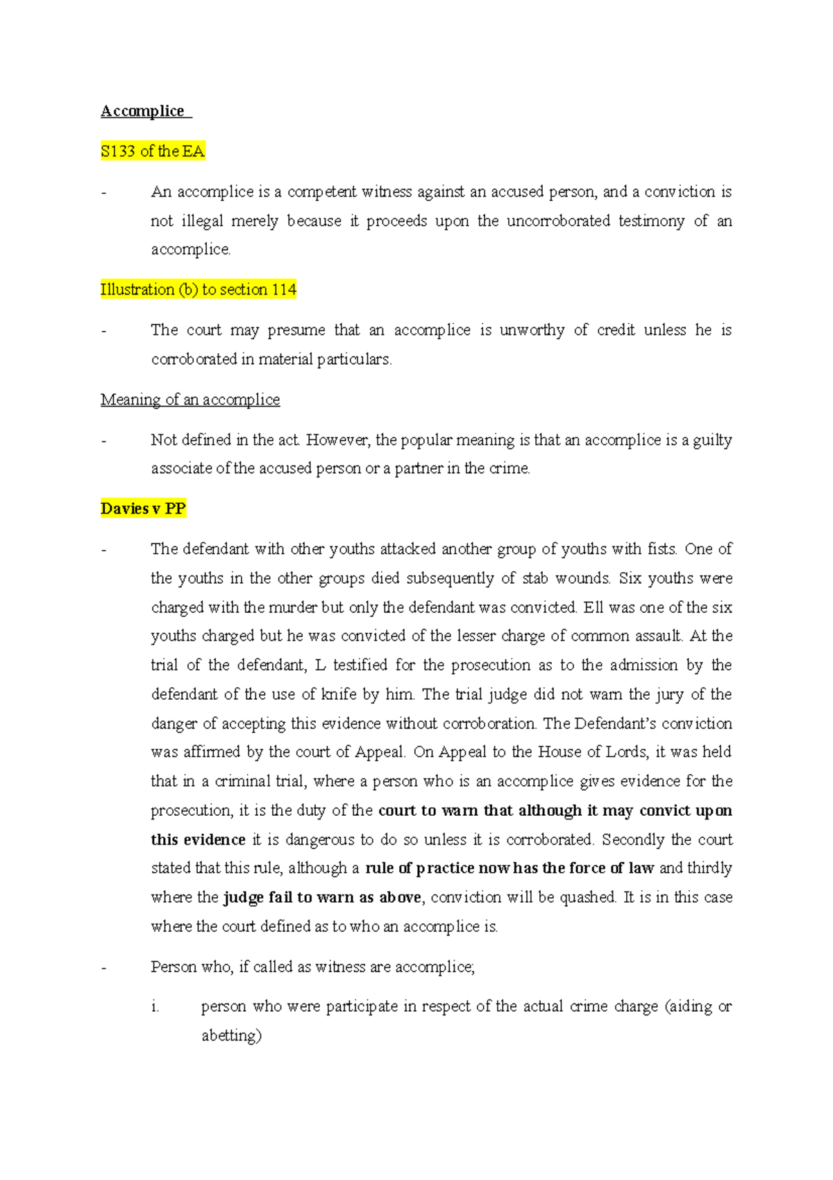 Accomplice and Corroboration Rules - Dr Ramalinggam (S133 EA) - Document Preview