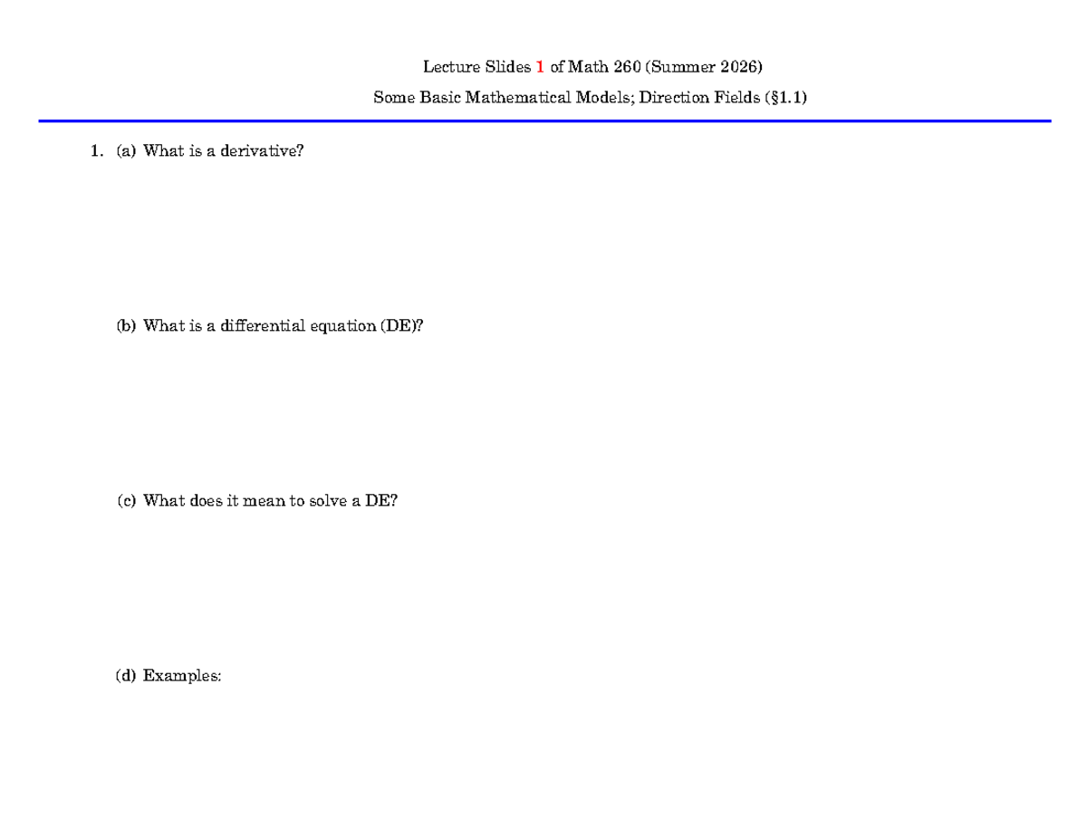 Lecture Slides 1: Basic Concepts of DEs in Math 260 (Summer 2026) - Studocu