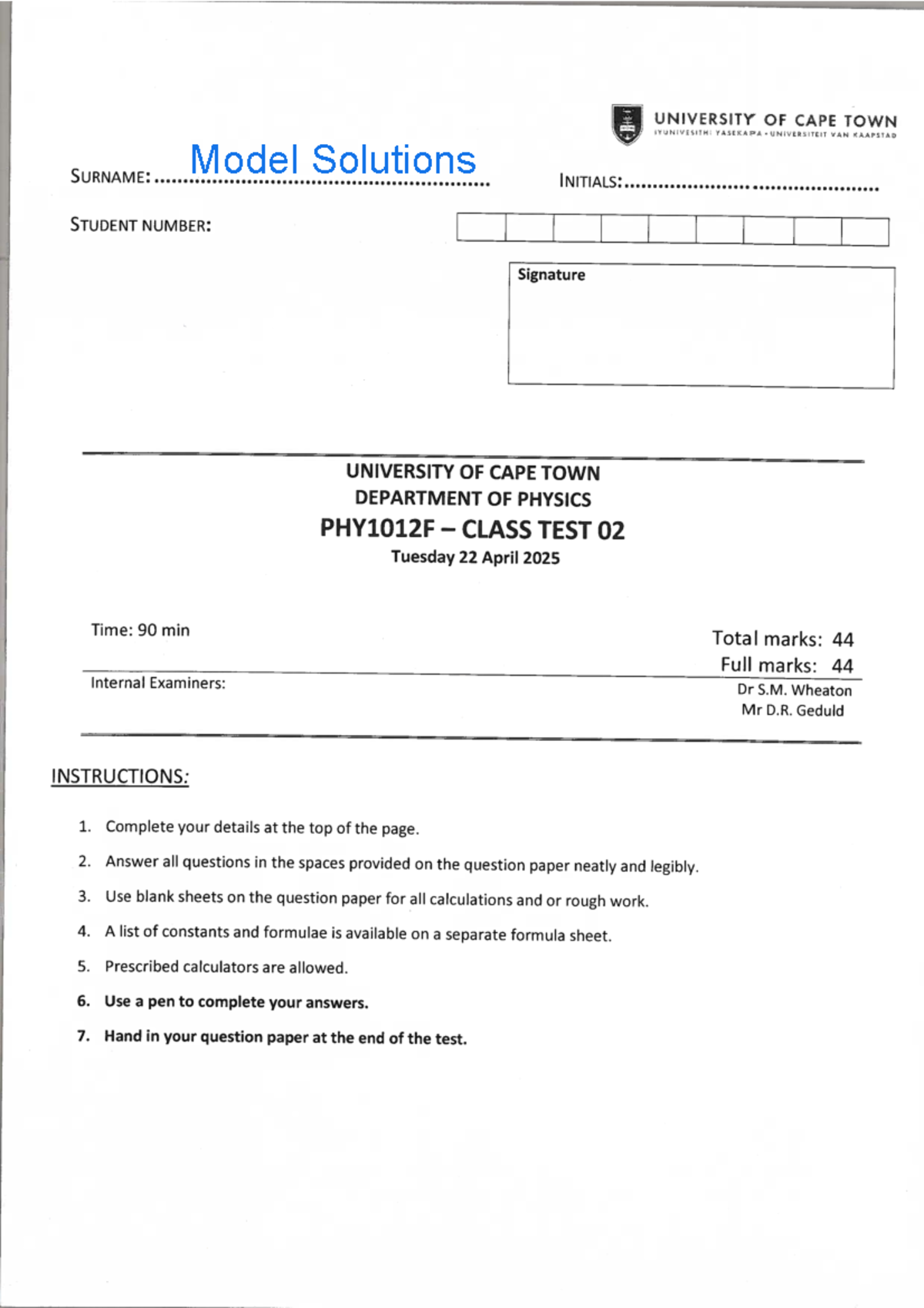 Class Test 2 PHY1012F 2025 Model Solutions and Analysis - Studocu