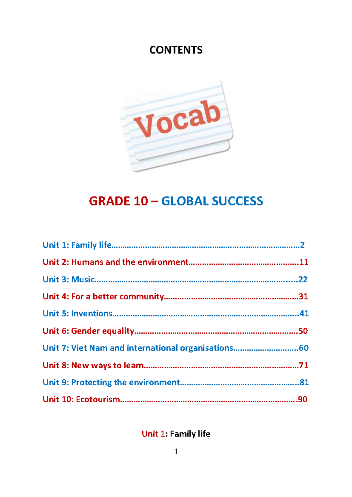 Grade 10 Global Success: Family & Environment Units Overview - Studocu
