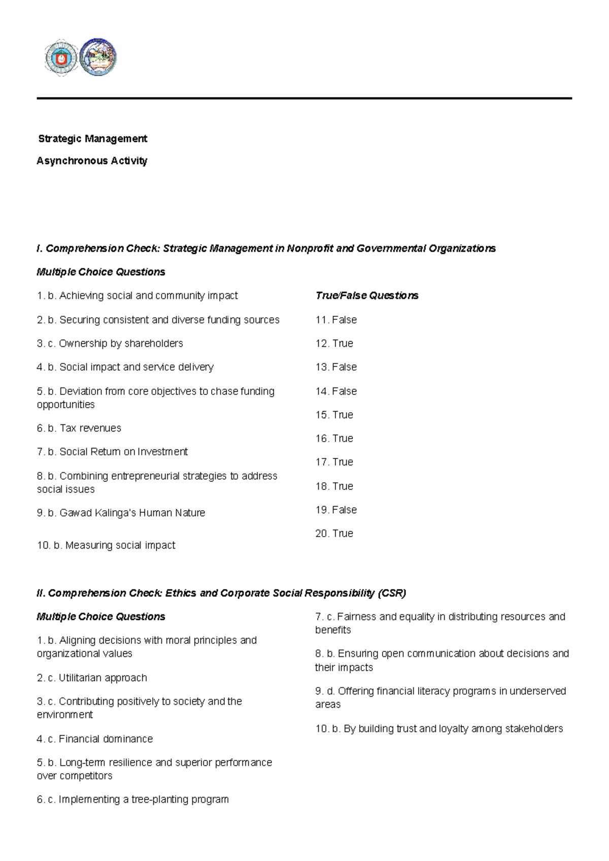 Strategic Management Asynchronous Activity - I. Comprehension Check ...