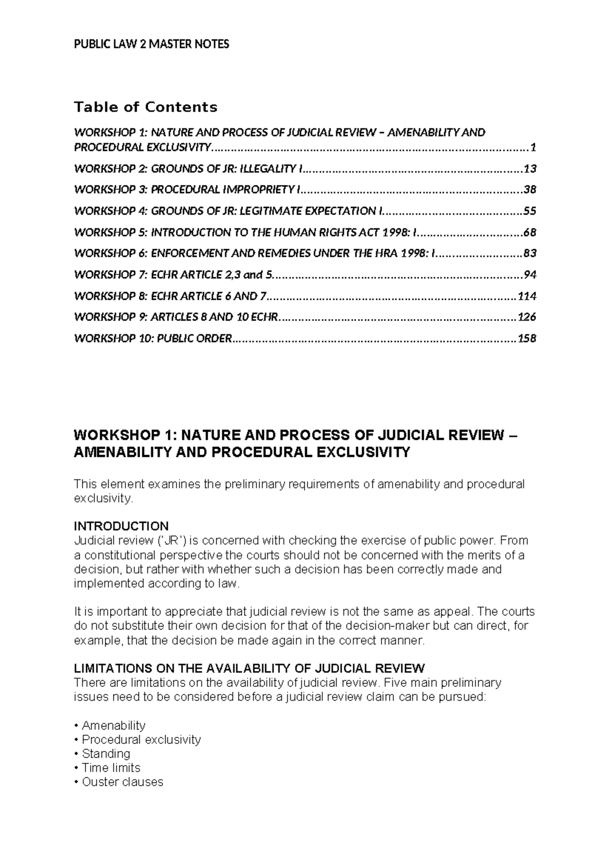 PUBLIC LAW 2 MASTER NOTES: JUDICIAL REVIEW WORKSHOPS OVERVIEW - Studocu