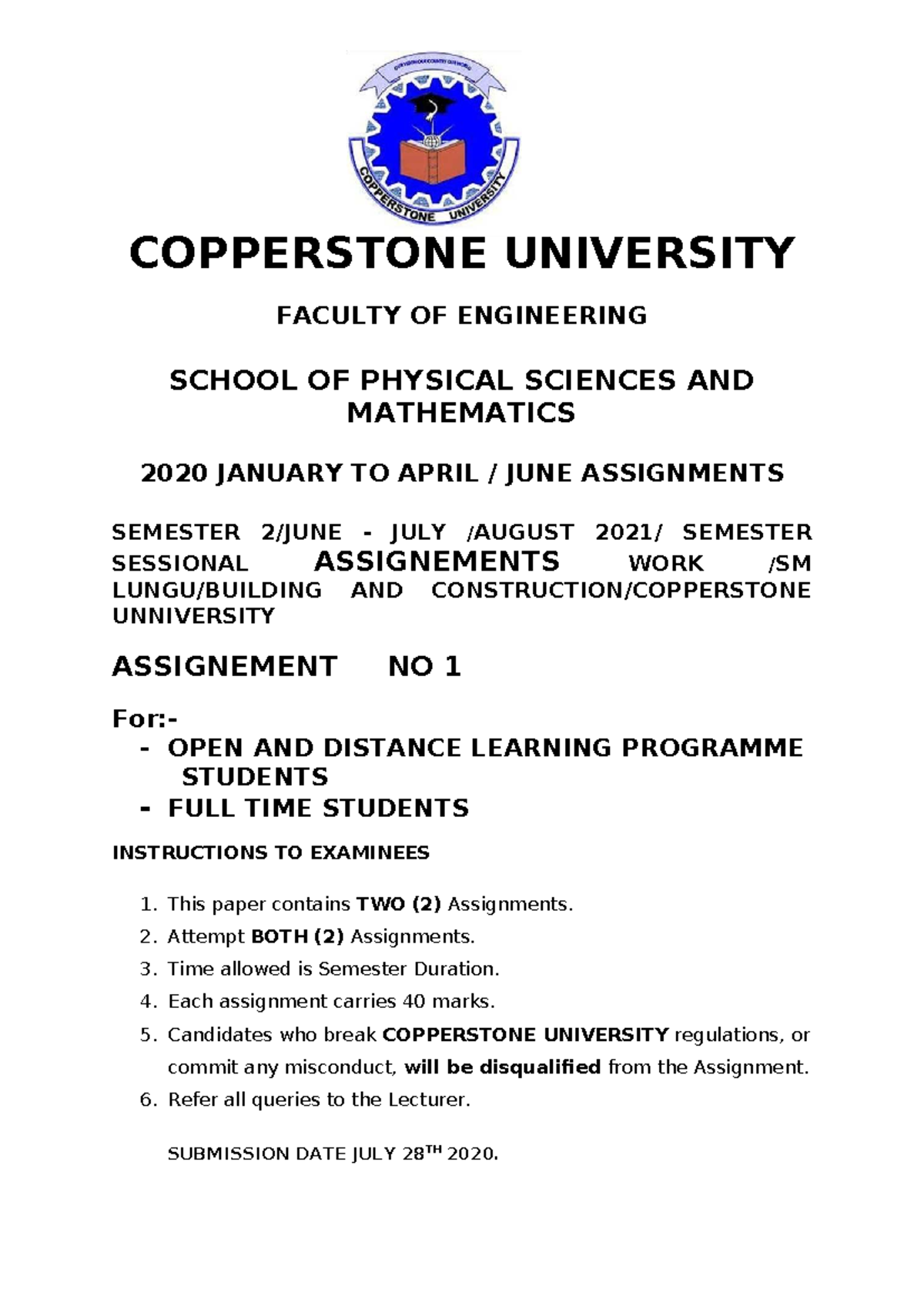 COP 2020 Structural Mechanics & Foundations Assignment No. 1 - Studocu