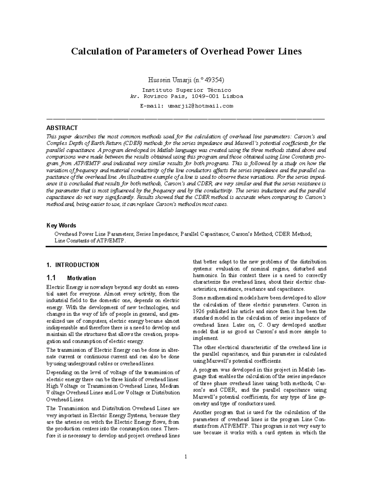 Calculation of Overhead Power Line Parameters: Carson vs. CDER Methods ...
