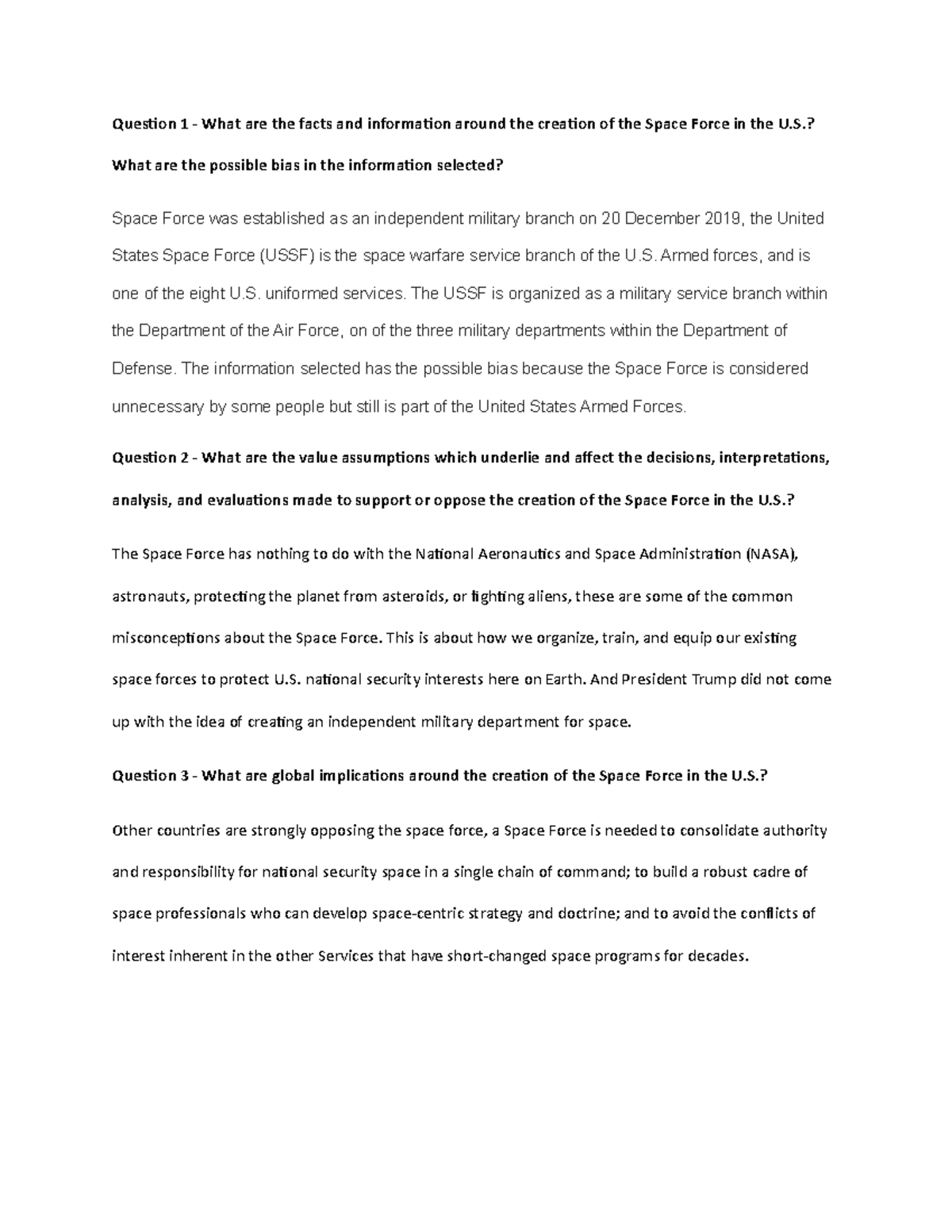 Reading Astronomy News Space Force - Question 1 - What are the facts ...