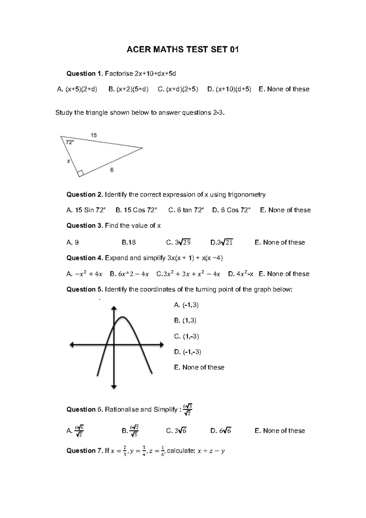 Math ACER Maths Test Set 01: Comprehensive Question Overview - Studocu