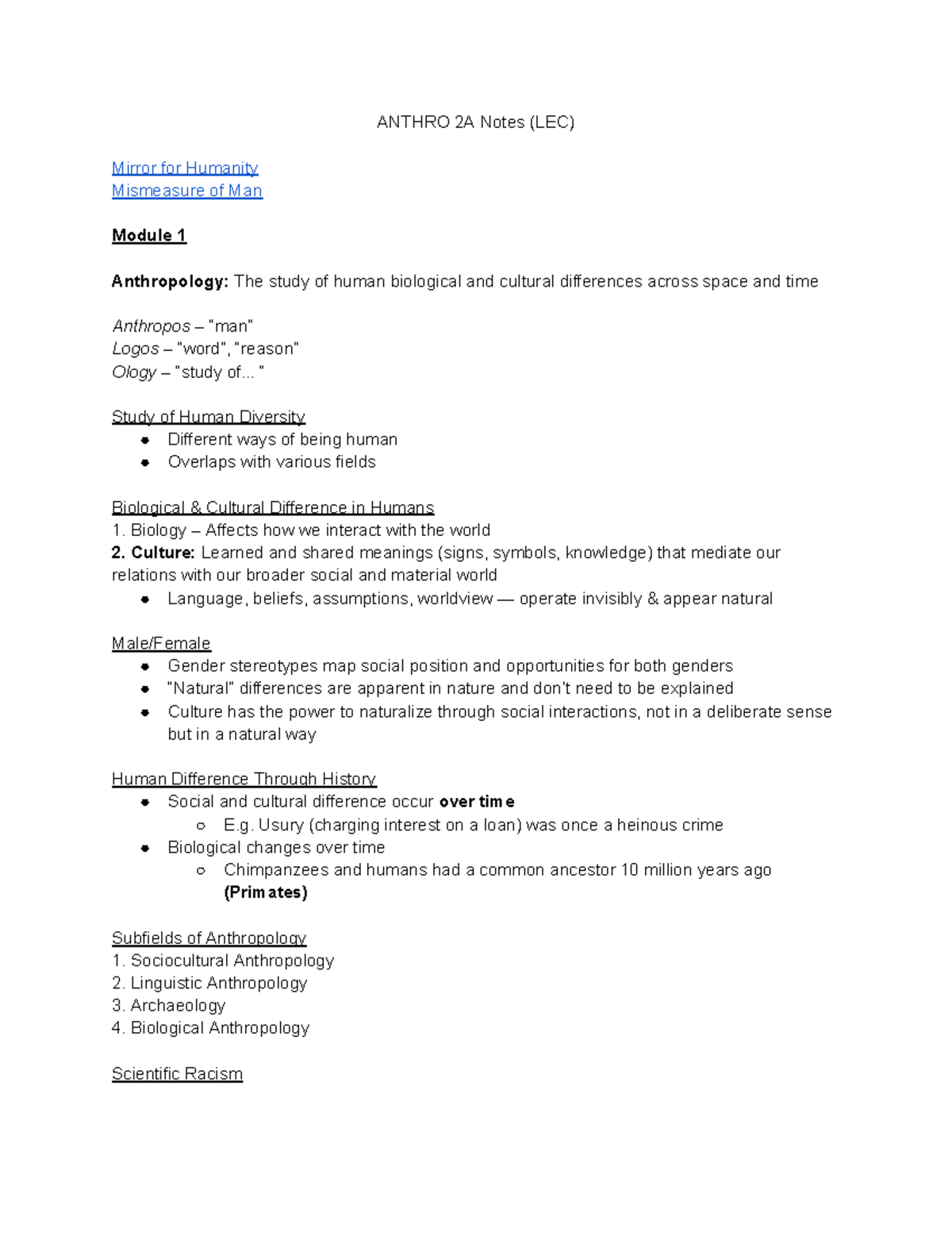 Anthro 2A Lecture Notes: Understanding Human Diversity and Race - Studocu