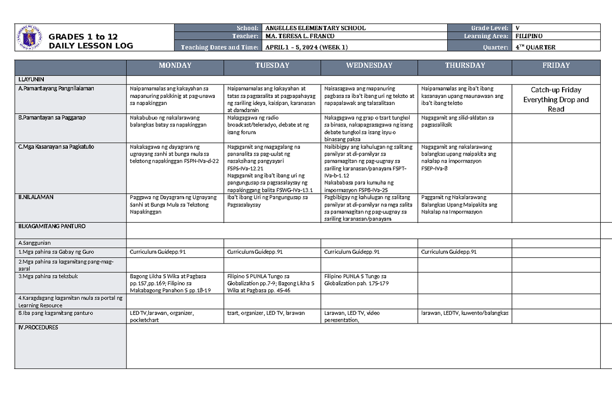 DLL Filipino 5 Q4 Week 1 Lesson Plan and Activities - Studocu