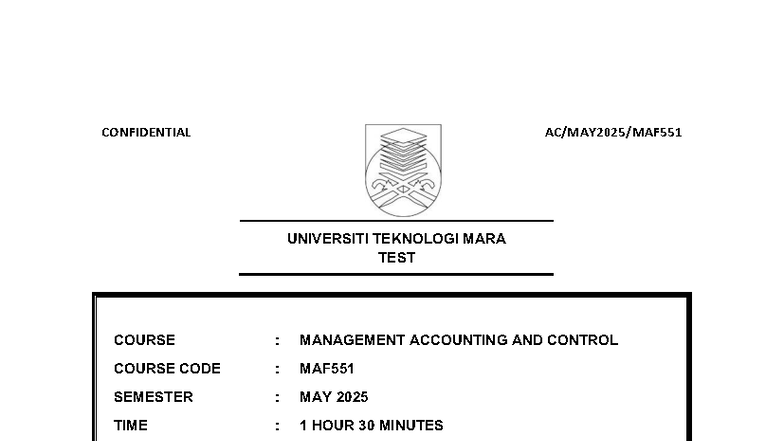 Test 1 MAF551 - Management Accounting and Control Exam May 2025 - Studocu