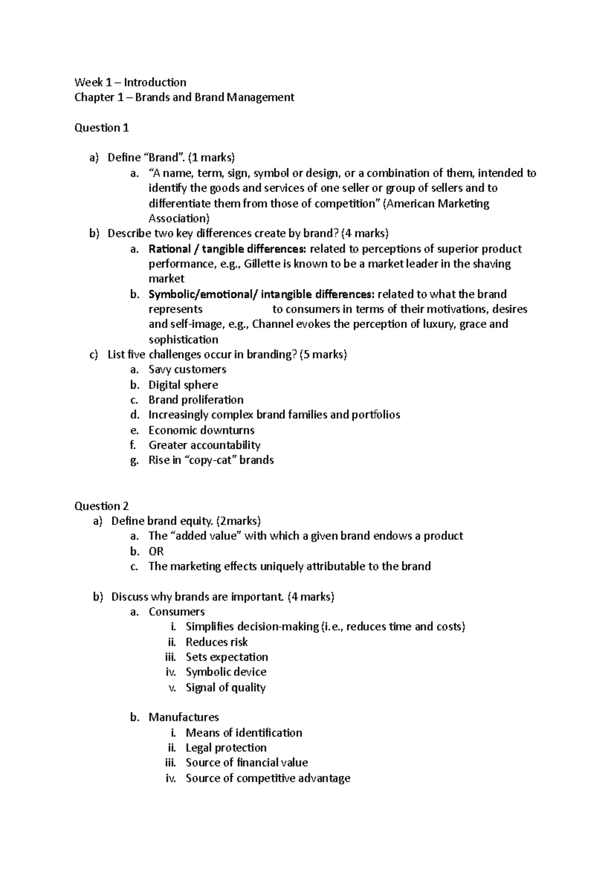 Brand Management Insights: Questions for Chapters 1 & 2 - Studocu