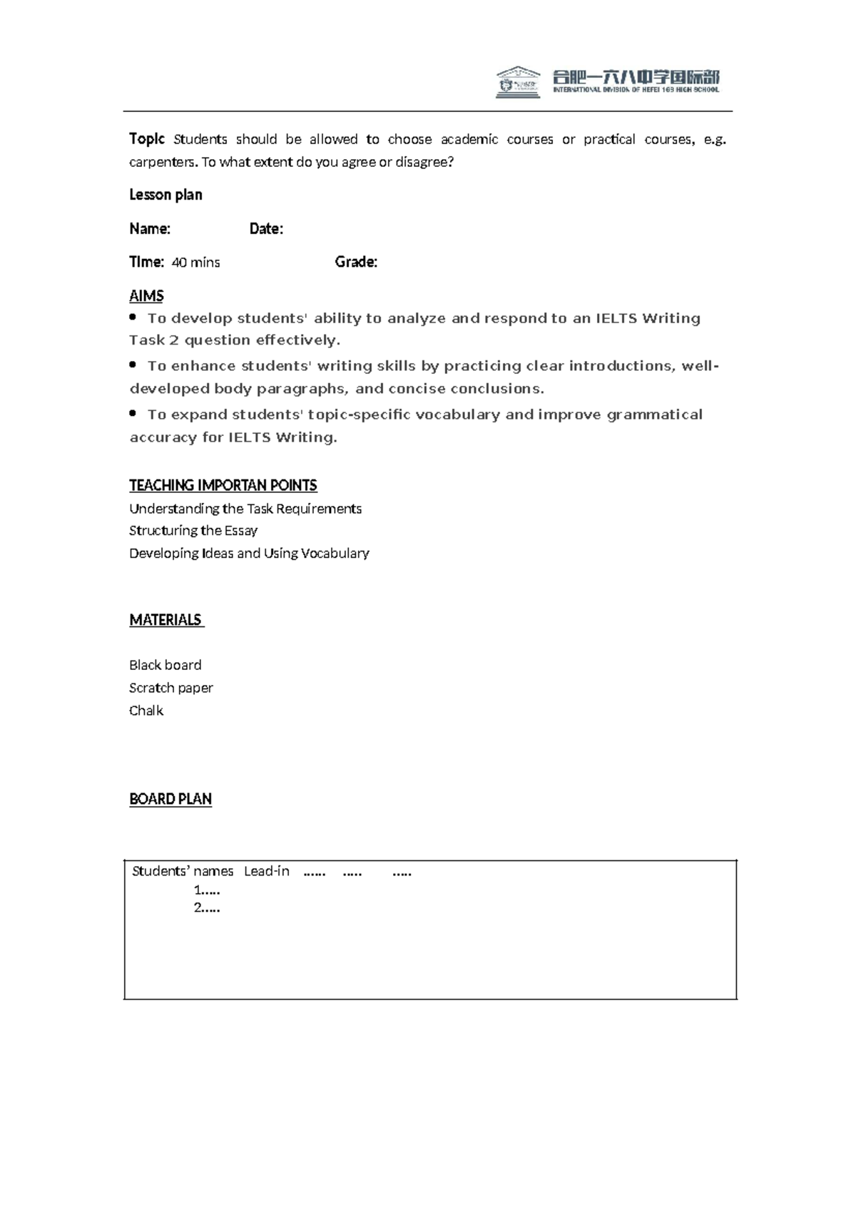 WLP1 - IELTS Writing Task 2: Course Selection Lesson Plan - Studocu