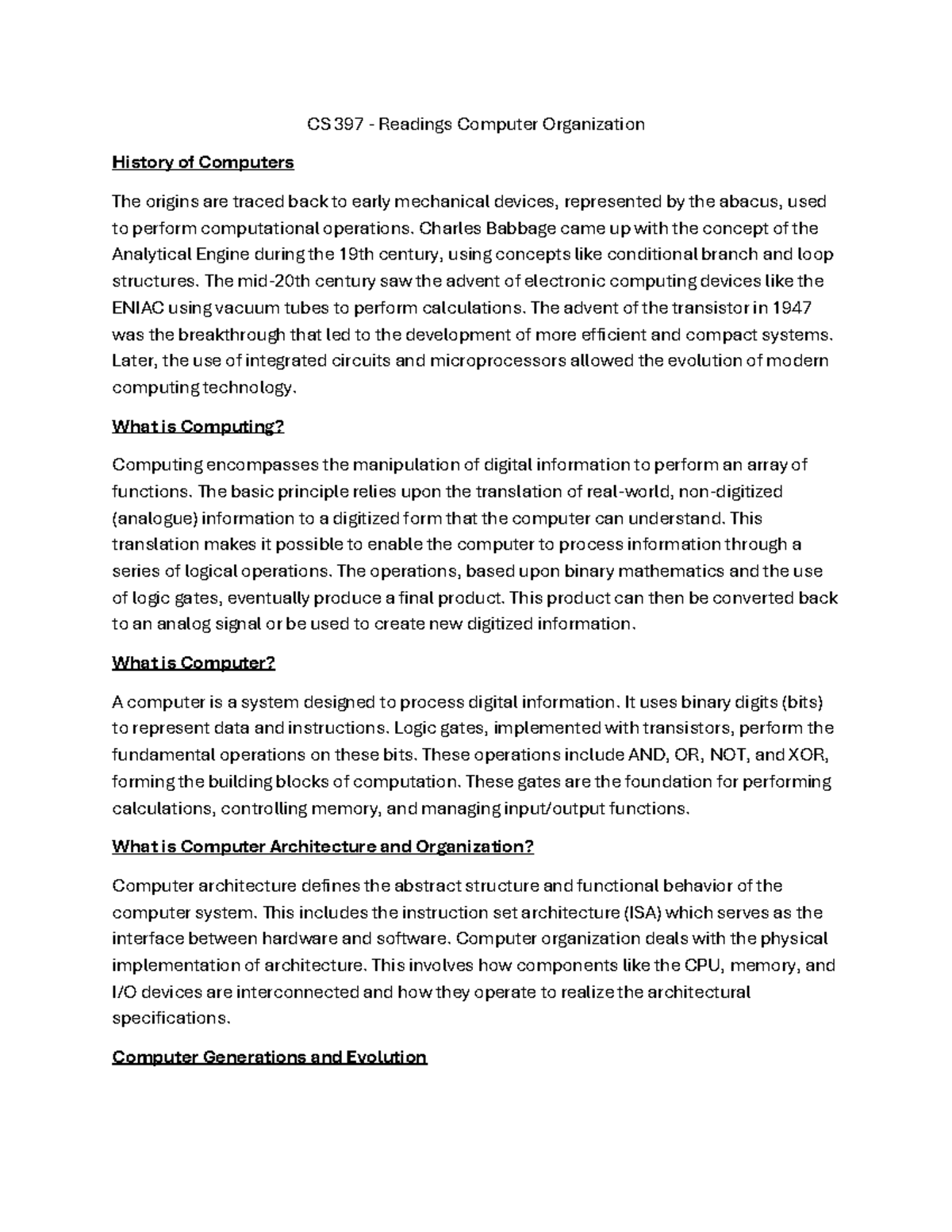 CS 397 - Readings on Computer Organization: History and Evolution - Studocu