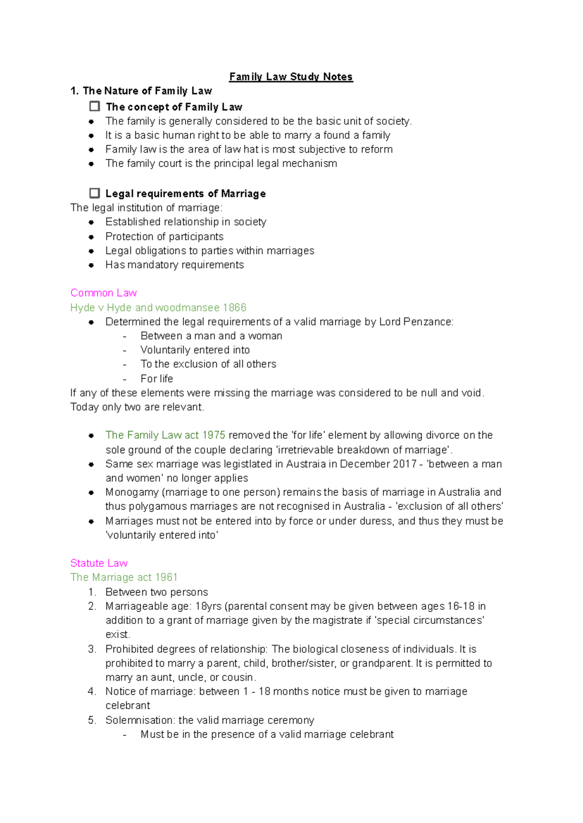 Family Law Study Notes: Key Concepts and Legal Frameworks - Studocu