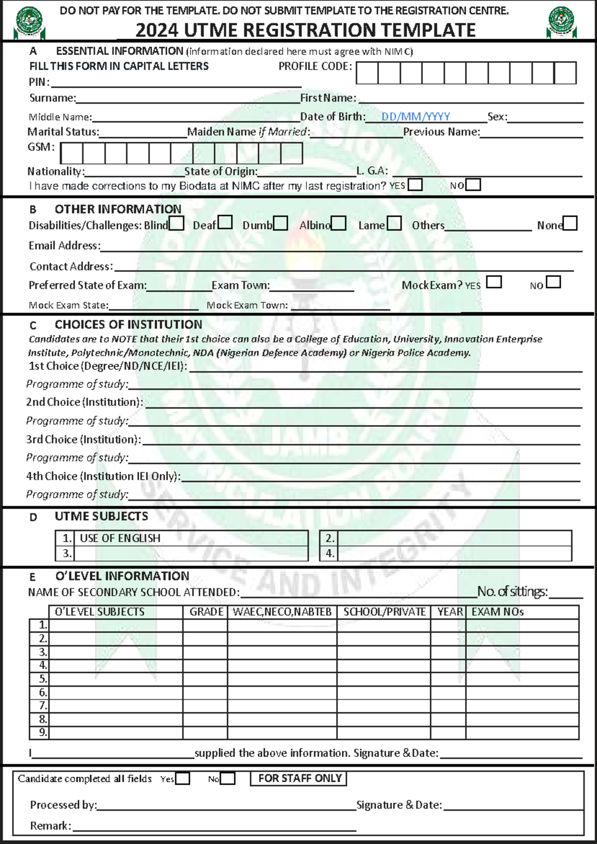 2024 UTME Registration Template - Important Instructions & Guidelines ...