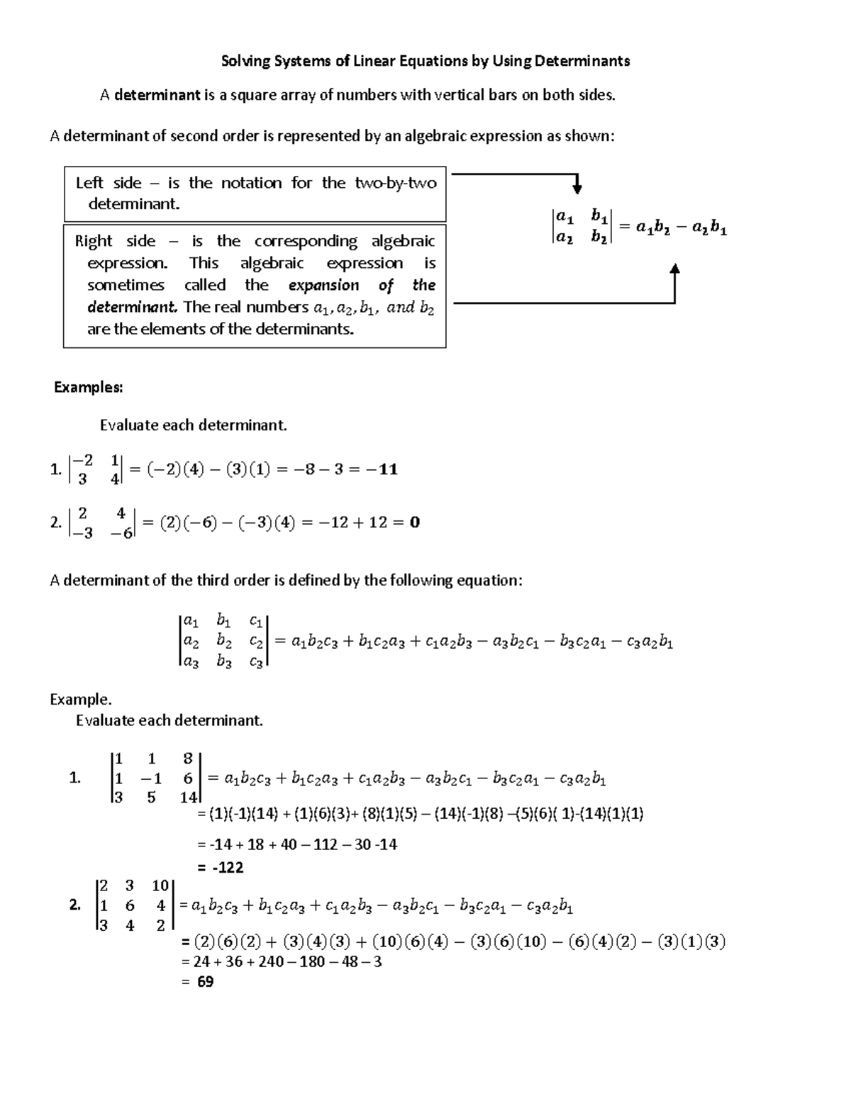 Solving Systems of Linear Equations by Using Determinants Cramer’s Rule ...