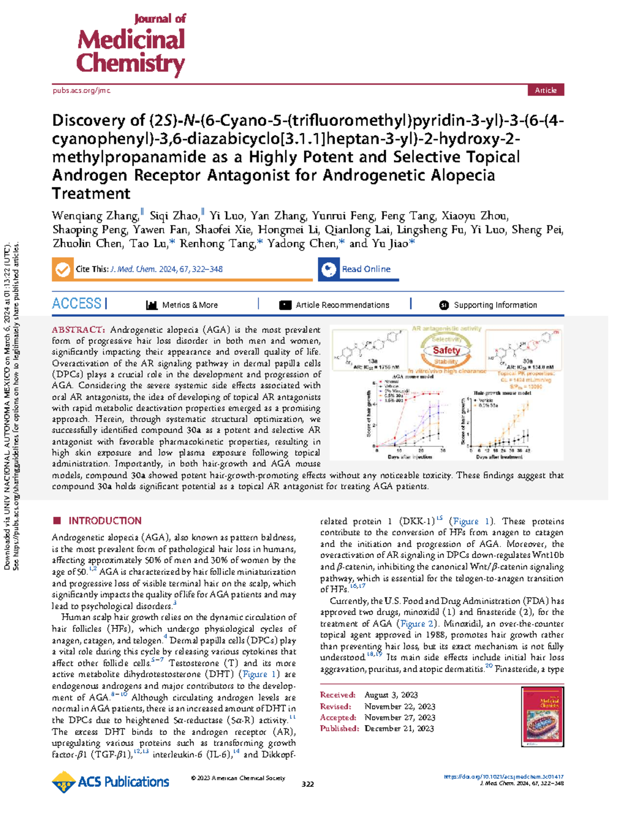 Discovery of Compound 30a: A Potent Topical AR Antagonist for AGA ...