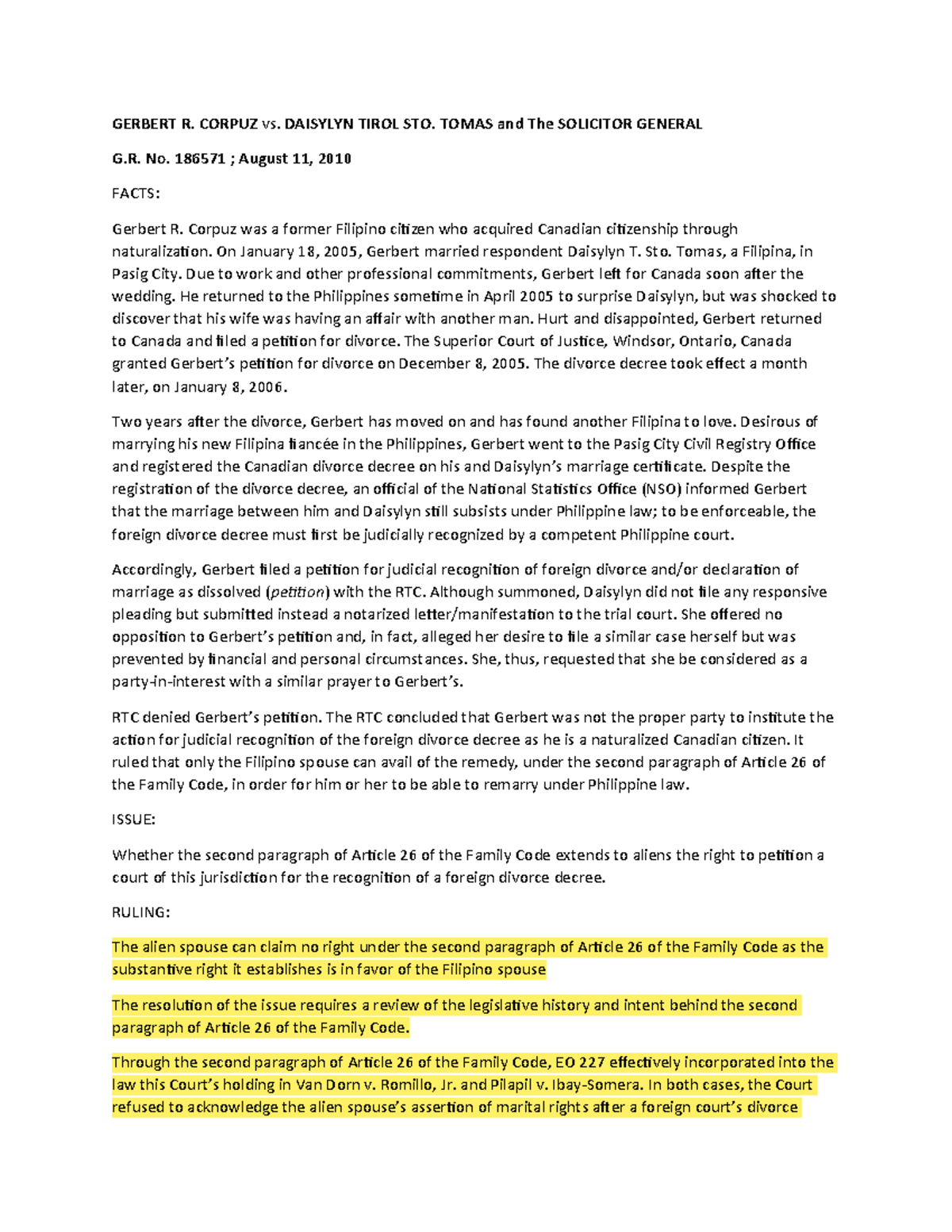 GERBERT R. CORPUZ vs. DAISYLYN TIROL STO. TOMAS - Case Study Analysis ...