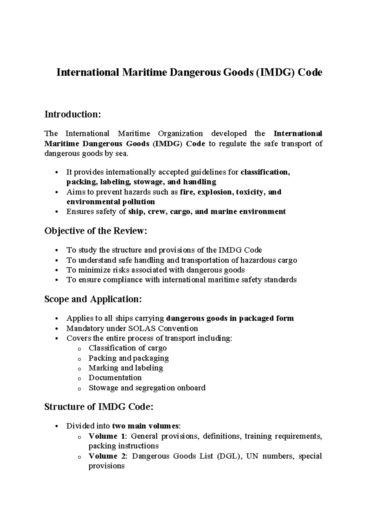 IMDG Code Overview: Safe Transport of Dangerous Goods at Sea - Studocu