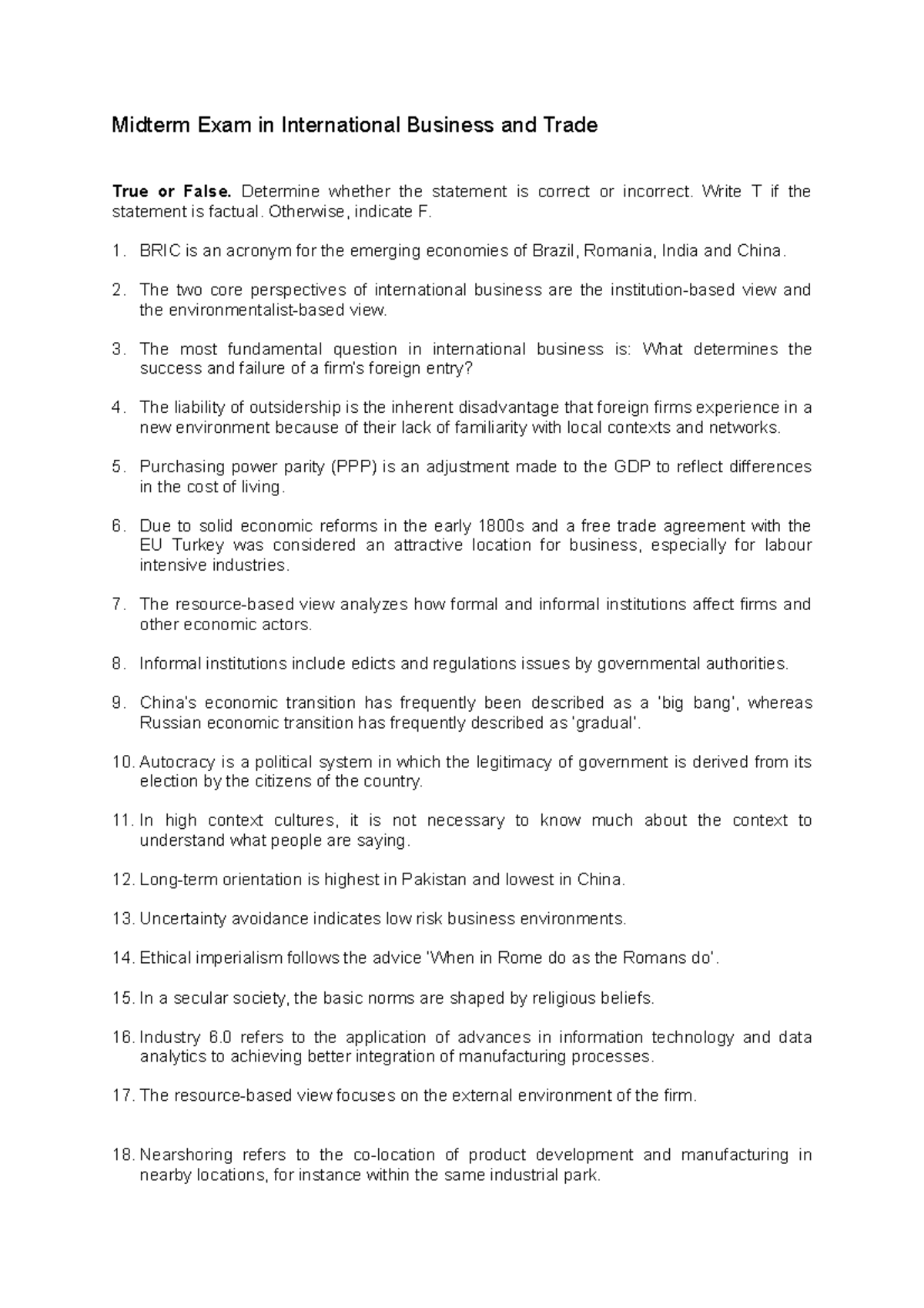 Exam in IBT in trade - Midterm Exam in International Business and Trade ...