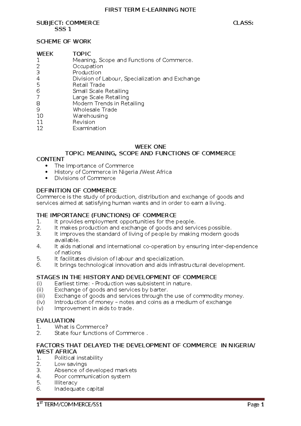 First Term Scheme of Work: Commerce 1 - Weeks 1 to 9 Overview - Studocu