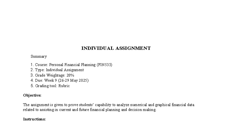 FIN533 Individual Assignment: Personal Financial Analysis ...