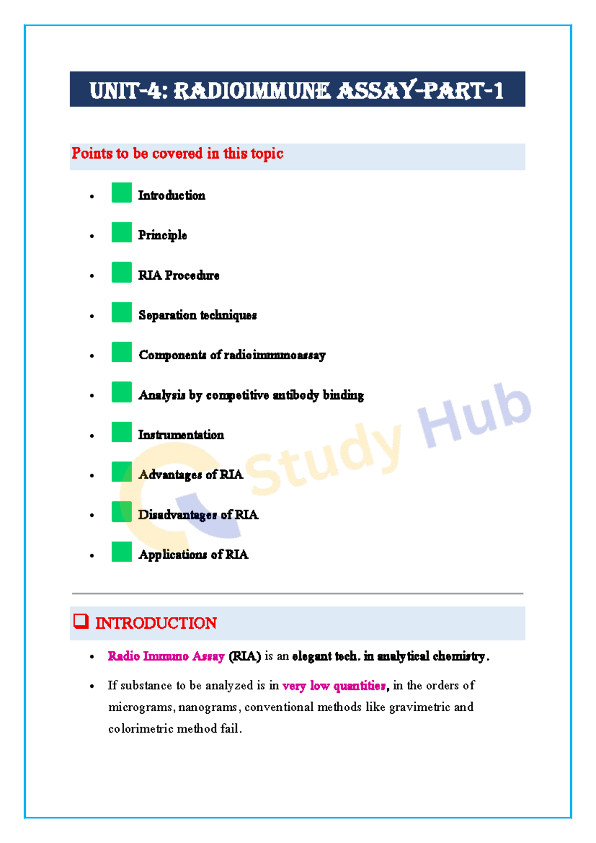 Advanced Instrumentation Techniques (Unit 4): Radioimmunoassay (RIA ...