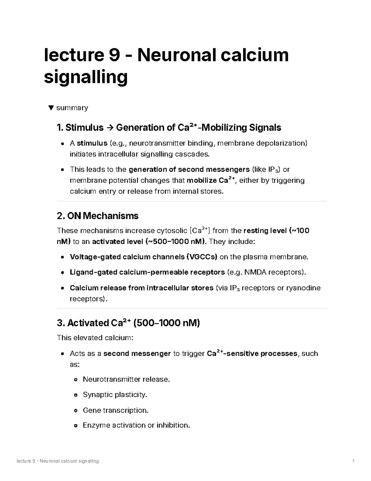 Lecture 9: Summary of Neuronal Calcium Signalling Mechanisms and ...
