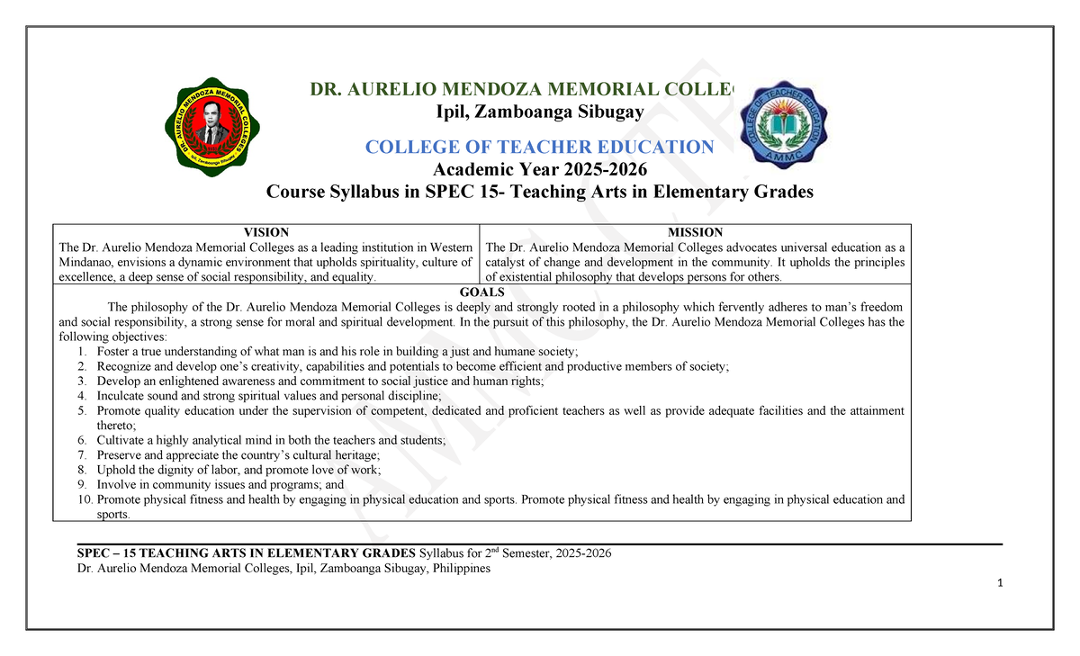 SPEC 15 Teaching Arts in Elementary Grades - 2nd Semester Syllabus ...