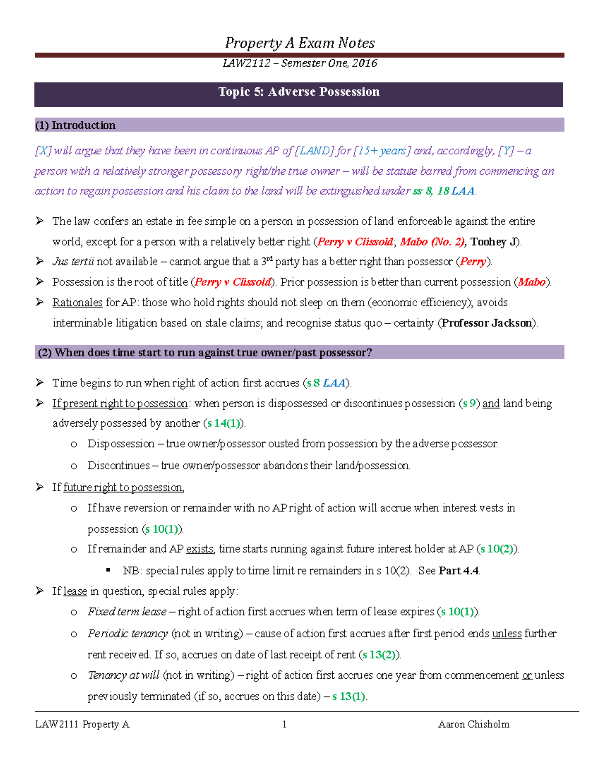 Final Exam LAW2112: Property A Notes on Adverse Possession and Leases ...