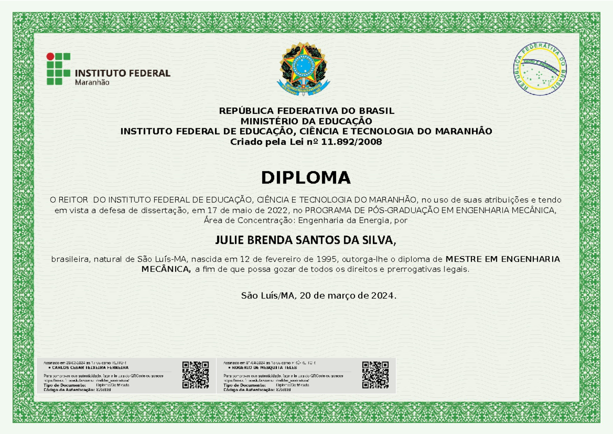 Diploma de Mestre em Engenharia Mecânica - IFMA - 2024 - Studocu