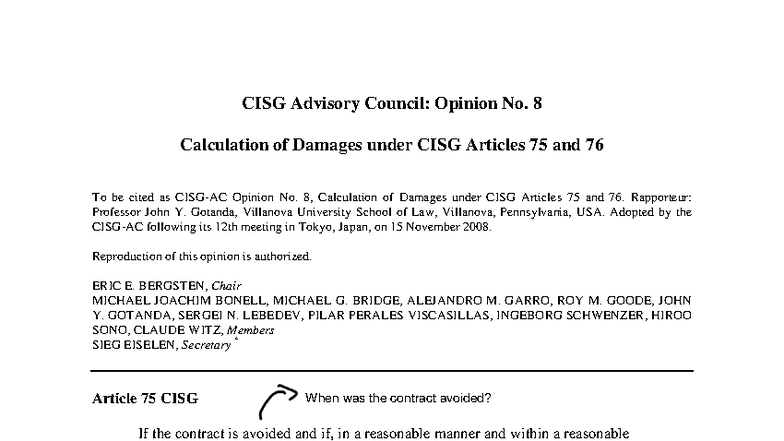 CISG Advisory Council Opinion No. 8: Calculating Damages Under Articles ...